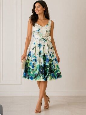 Kate spade flared floral ivory and blue and green dress
